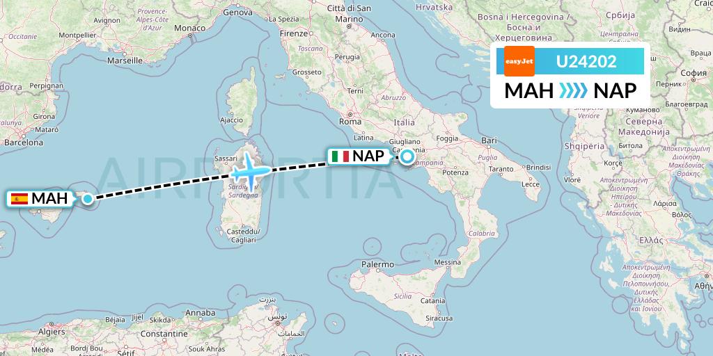 U24202 EasyJet Flight Map: Mahon to Naples