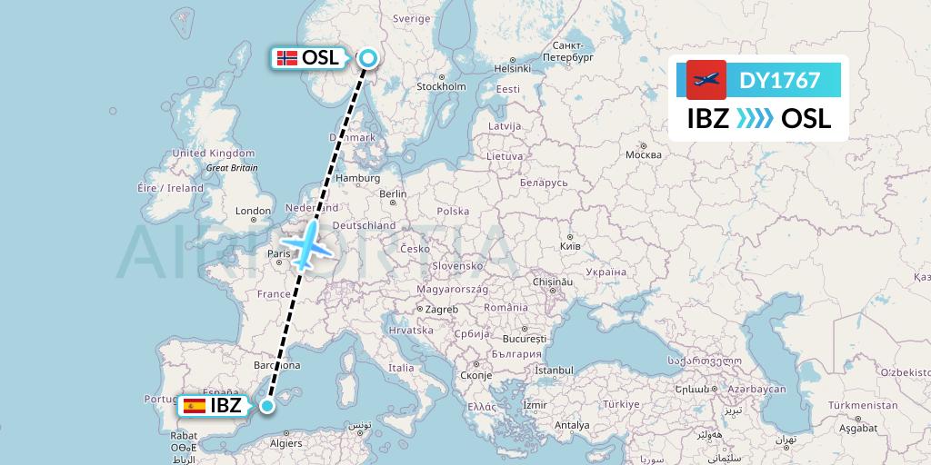 DY1767 Norwegian Flight Map: Ibiza to Oslo