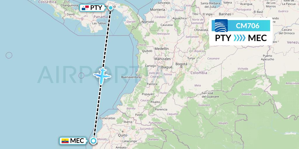 CM706 Copa Airlines Flight Map: Panama City to Manta