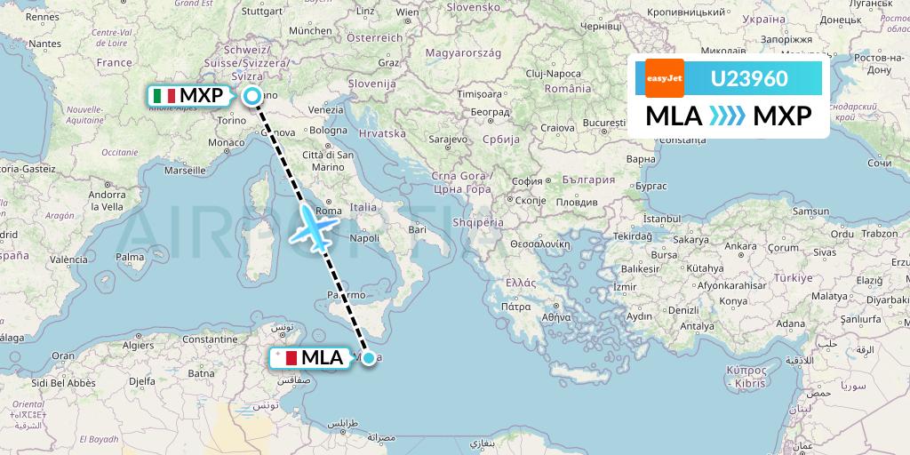 U23960 EasyJet Flight Map: Malta to Milan