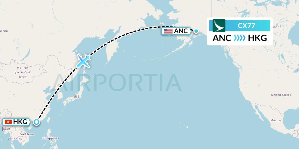 CX77 Cathay Pacific Flight Map: Anchorage to Hong Kong