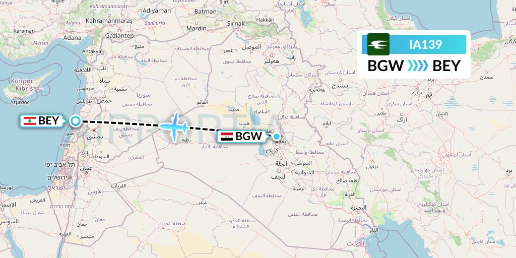 IA139 Iraqi Airways Flight Map: Baghdad to Beirut