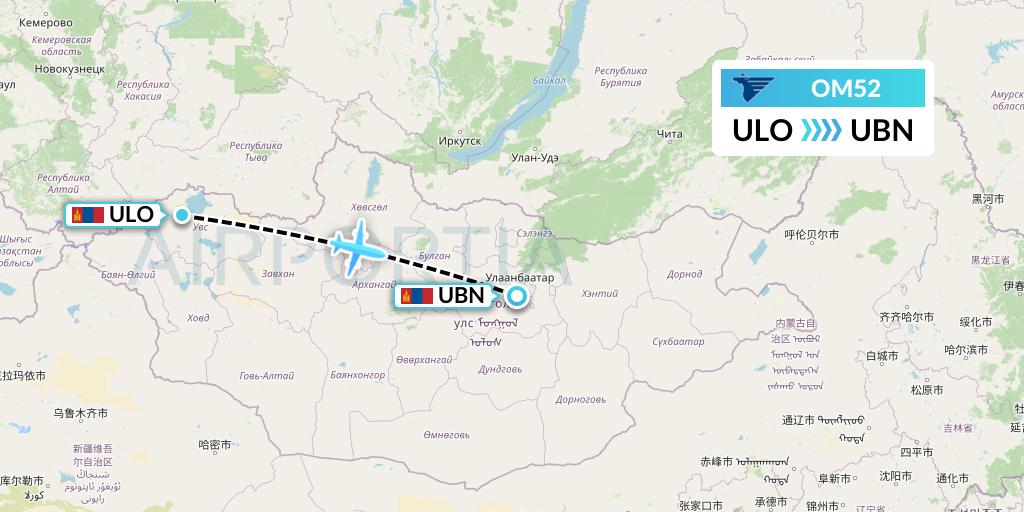 OM52 MIAT Mongolian Airlines Flight Map: Mongolia to Ulan Bator