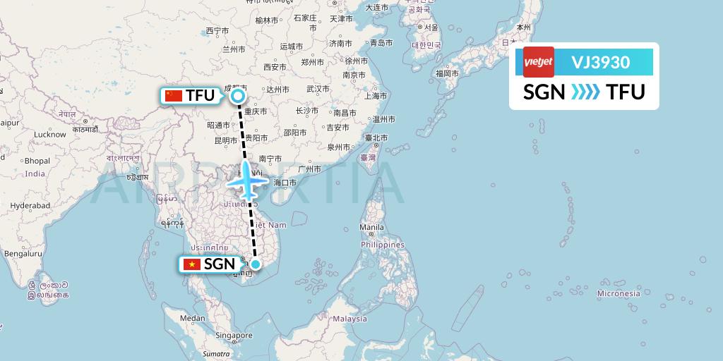 VJ3930 VietJet Air Flight Map: Ho Chi Minh City to Chengdu