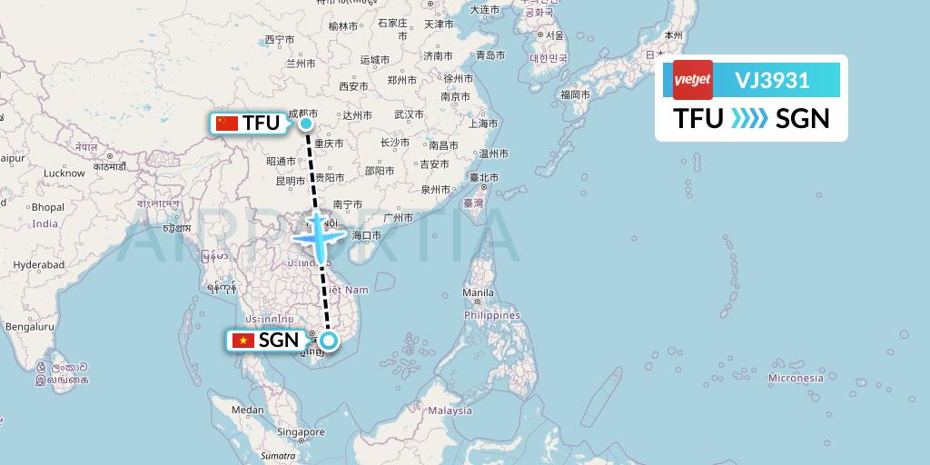 VJ3931 VietJet Air Flight Map: Chengdu to Ho Chi Minh City