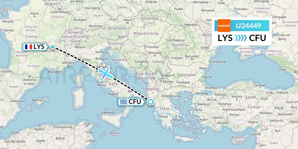 U24449 EasyJet Flight Map: Lyon to Corfu