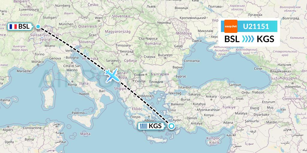 U21151 EasyJet Flight Map: Basel to Kos