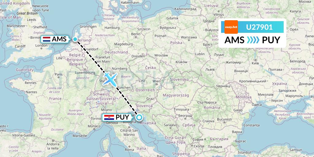U27901 EasyJet Flight Map: Amsterdam to Pula