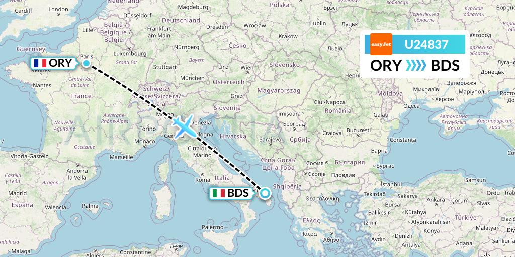 U24837 EasyJet Flight Map: Paris to Brindisi