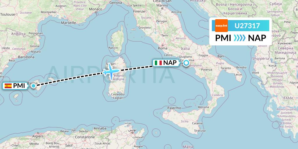 U27317 EasyJet Flight Map: Palma de Mallorca to Naples