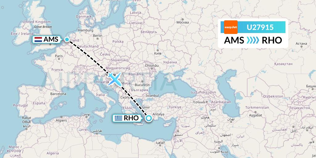 U27915 EasyJet Flight Map: Amsterdam to Rhodes