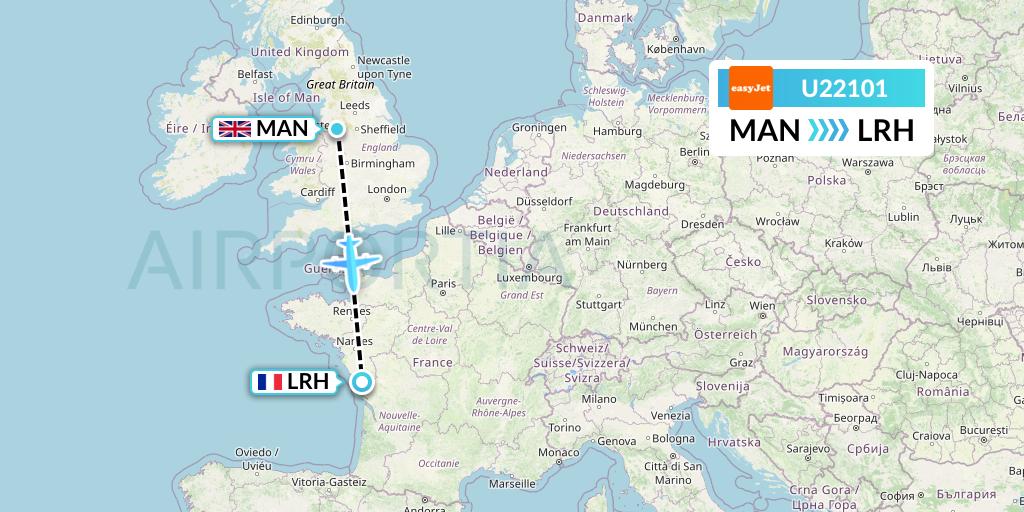 U22101 EasyJet Flight Map: Manchester to La Rochelle
