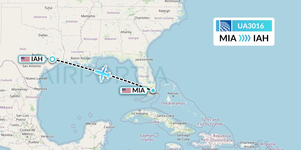 UA3016 United Airlines Flight Map: Miami to Houston