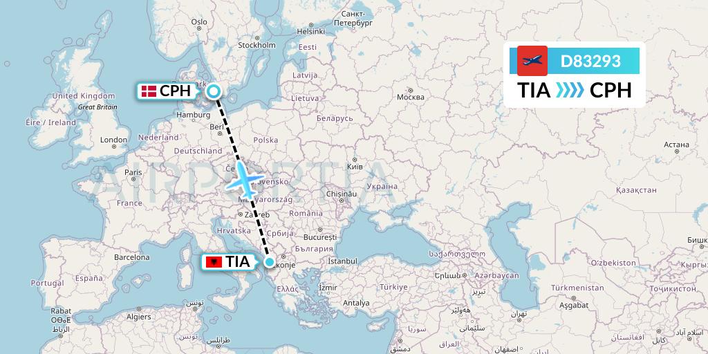 D83293 Norwegian Air International Flight Map: Tirana to Copenhagen