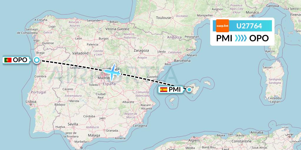 U27764 EasyJet Flight Map: Palma de Mallorca to Porto