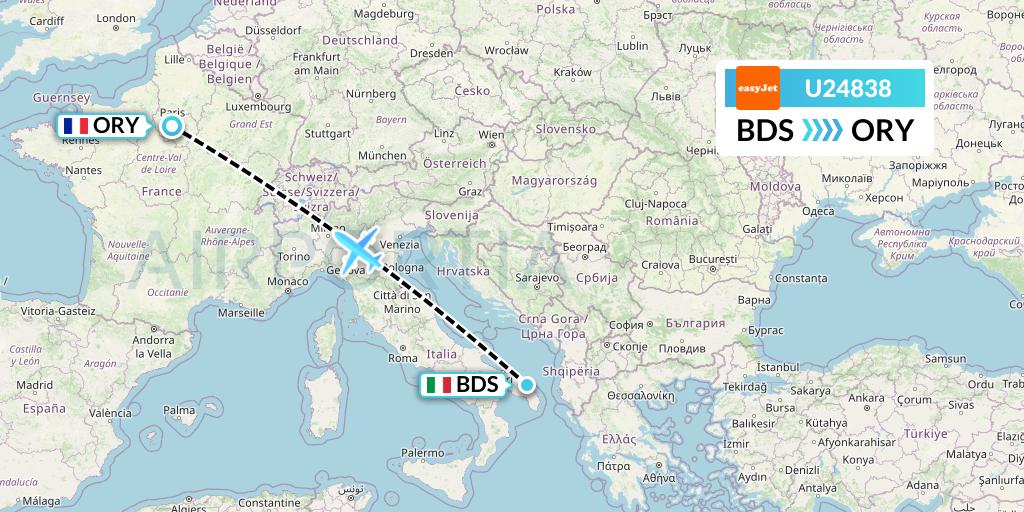 U24838 EasyJet Flight Map: Brindisi to Paris