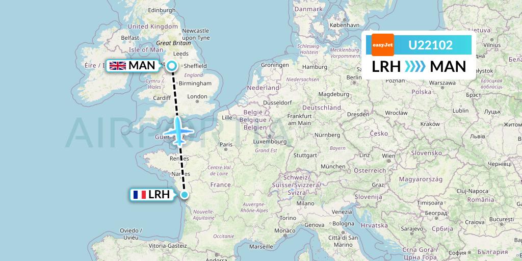U22102 EasyJet Flight Map: La Rochelle to Manchester