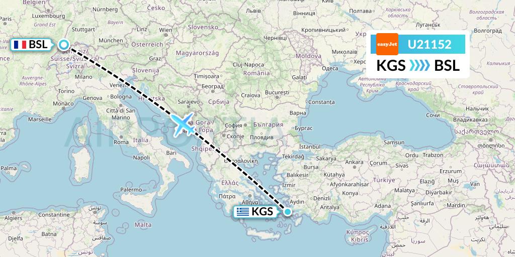 U21152 EasyJet Flight Map: Kos to Basel