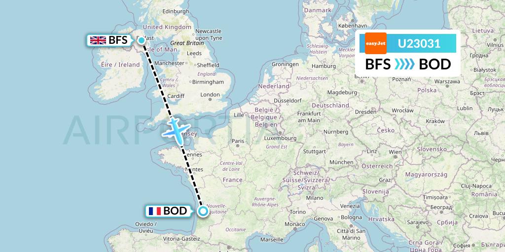 U23031 EasyJet Flight Map: Belfast to Bordeaux