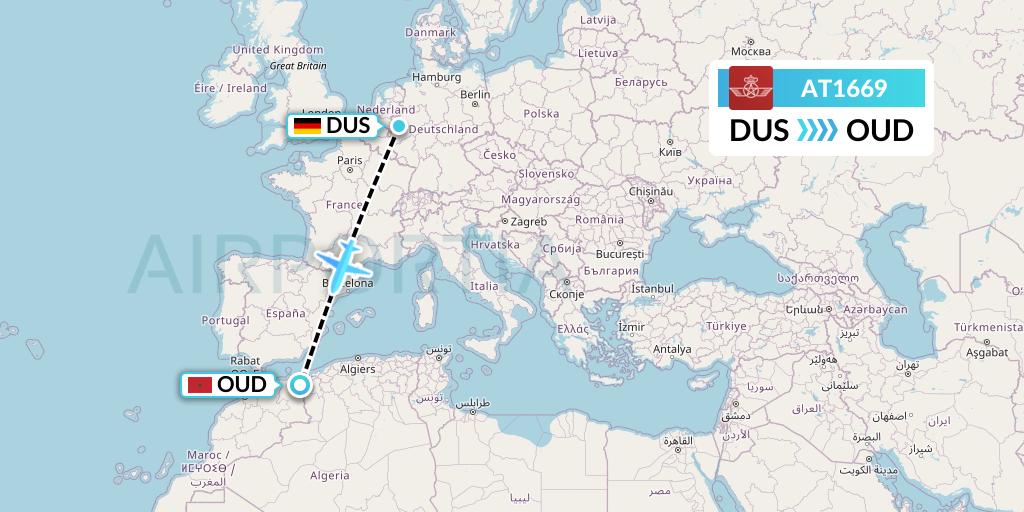 AT1669 Royal Air Maroc Flight Map: Dusseldorf to Oujda