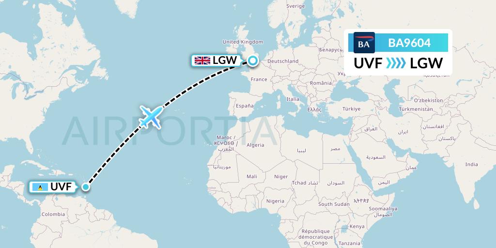BA9604 British Airways Flight Map: Vieux Fort to London
