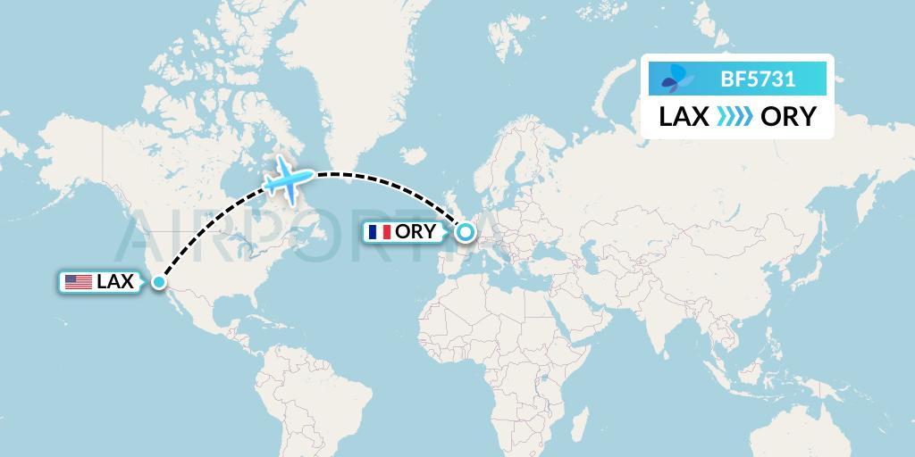BF5731 French Blue Flight Map: Los Angeles to Paris