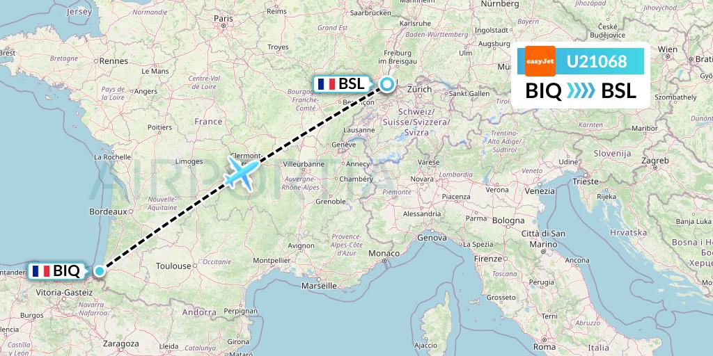 U21068 EasyJet Flight Map: Biarritz to Basel