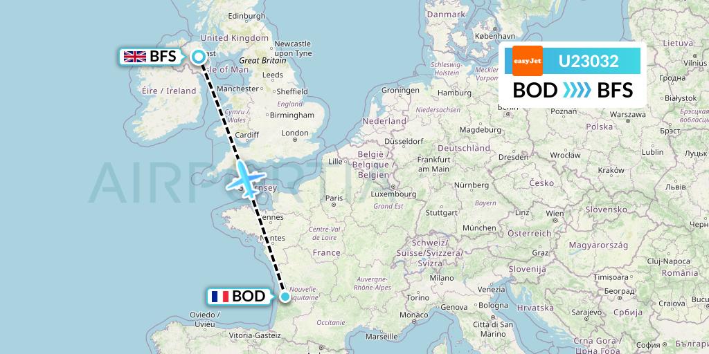 U23032 EasyJet Flight Map: Bordeaux to Belfast