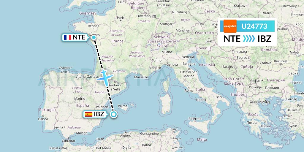 U24773 EasyJet Flight Map: Nantes to Ibiza