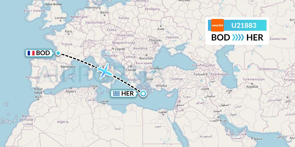 U21883 EasyJet Flight Map: Bordeaux to Heraklion