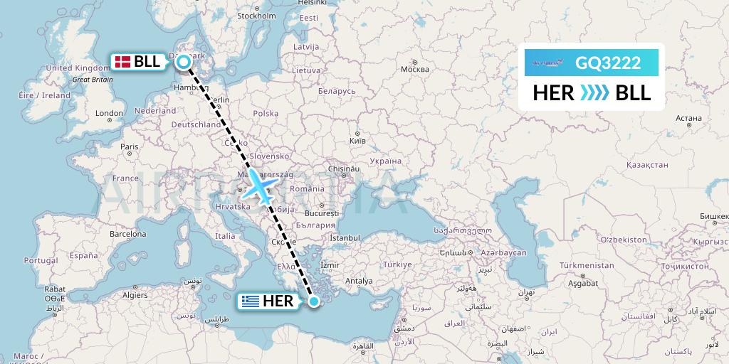 GQ3222 Sky Express (Greece) Flight Map: Heraklion to Billund