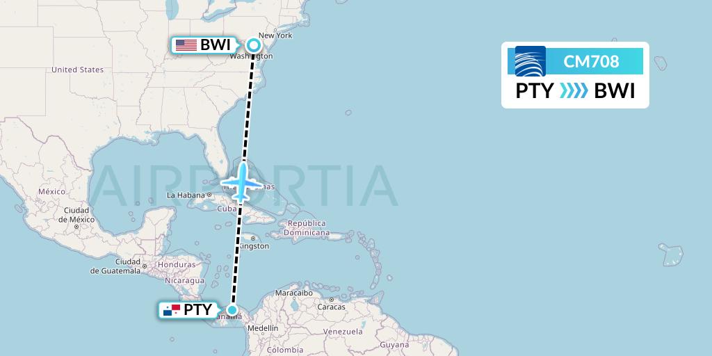 CM708 Copa Airlines Flight Map: Panama City to Baltimore