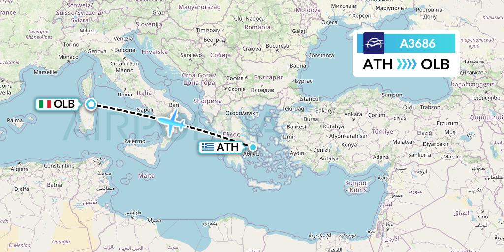 A3686 Aegean Airlines Flight Map: Athens to Olbia