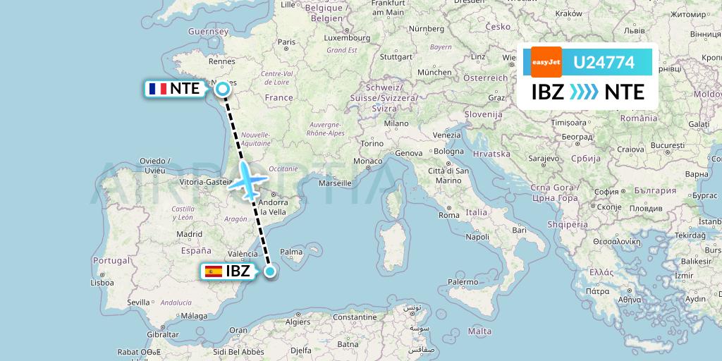 U24774 EasyJet Flight Map: Ibiza to Nantes