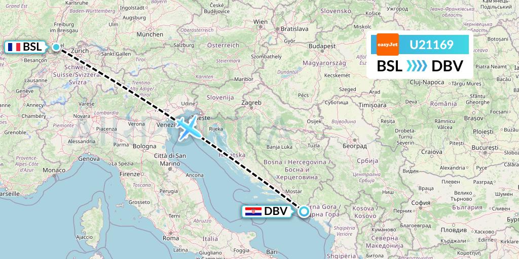 U21169 EasyJet Flight Map: Basel to Dubrovnik