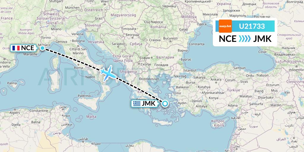 U21733 EasyJet Flight Map: Nice to Mykonos