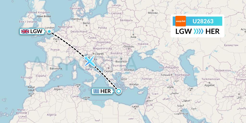 U28263 EasyJet Flight Map: London to Heraklion