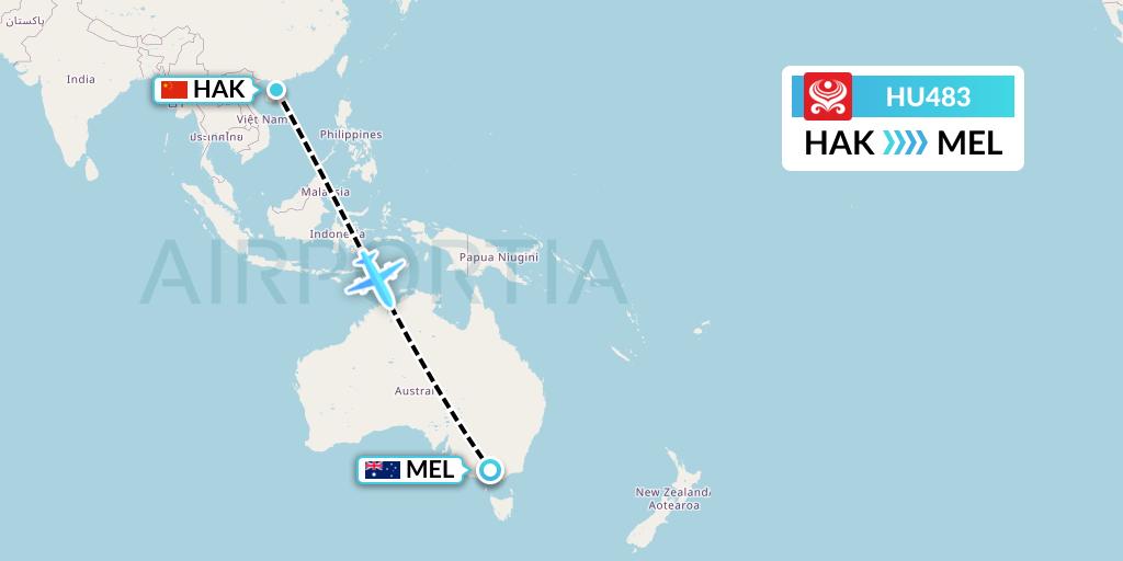 HU483 Hainan Airlines Flight Map: Haikou to Melbourne