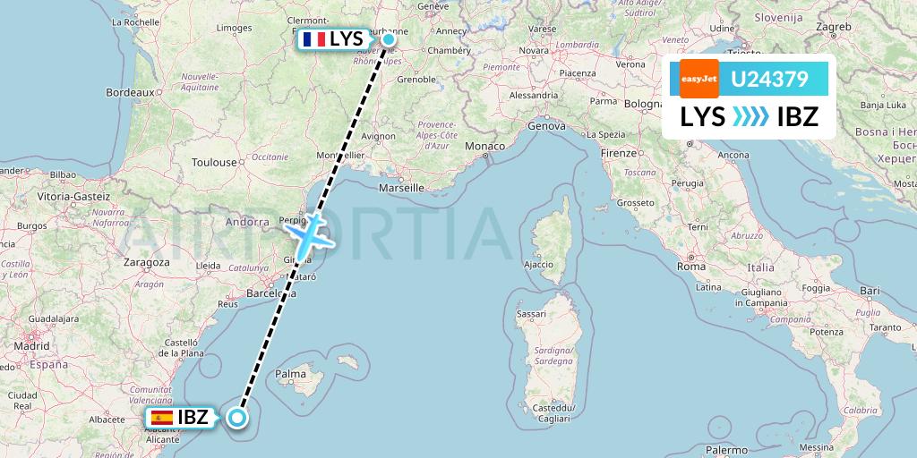 U24379 EasyJet Flight Map: Lyon to Ibiza