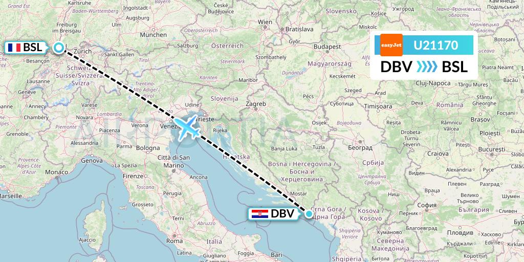 U21170 EasyJet Flight Map: Dubrovnik to Basel