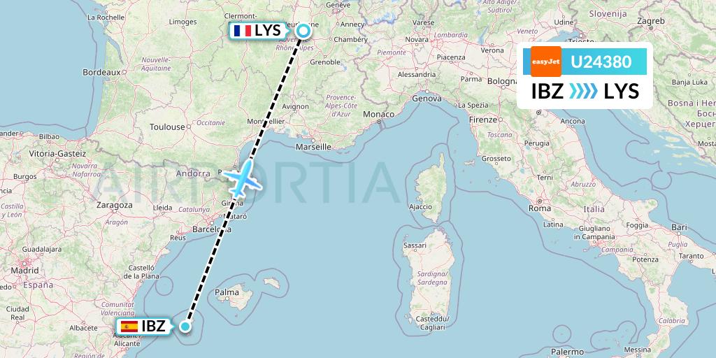 U24380 EasyJet Flight Map: Ibiza to Lyon
