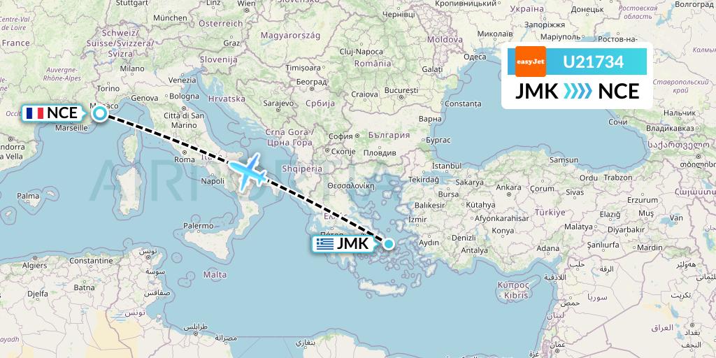 U21734 EasyJet Flight Map: Mykonos to Nice