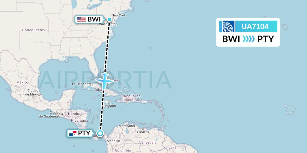 UA7104 United Airlines Flight Map: Baltimore to Panama City