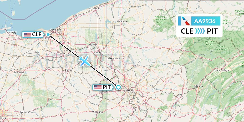 AA9936 American Airlines Flight Map: Cleveland to Pittsburgh