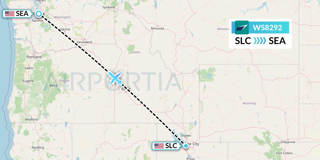 WS8292 WestJet Flight Map: Salt Lake City to Seattle