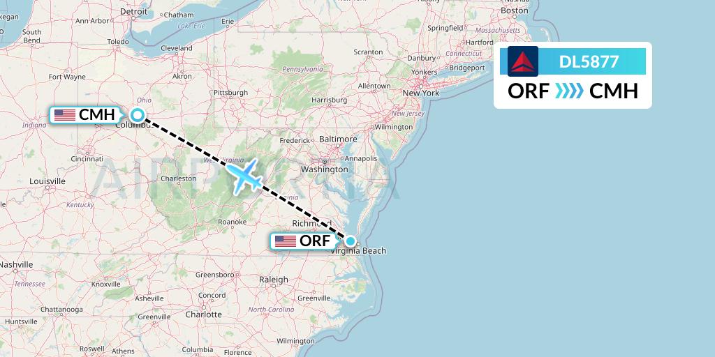 DL5877 Delta Air Lines Flight Map: Norfolk to Columbus