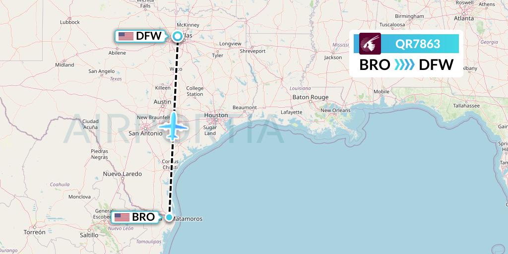 QR7863 Qatar Airways Flight Map: Brownsville to Dallas