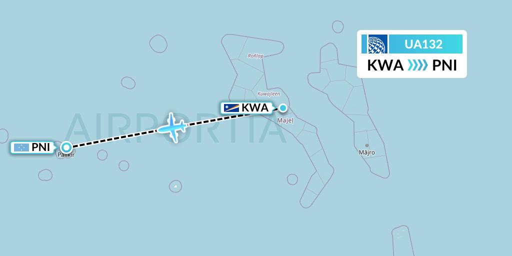 UA132 United Airlines Flight Map: Kwajalein to Pohnpei