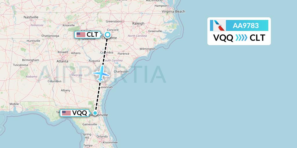 AA9783 American Airlines Flight Map: Jacksonville to Charlotte