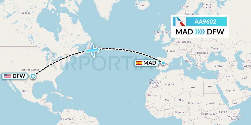 AA9602 American Airlines Flight Map: Madrid to Dallas